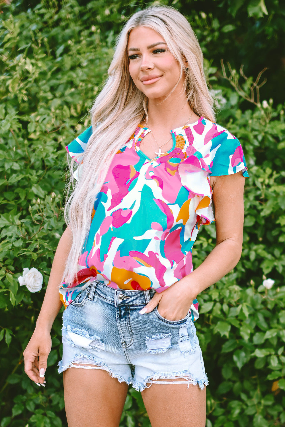 Women's Blouse with Abstract Print Notched Neck Flutter Sleeve