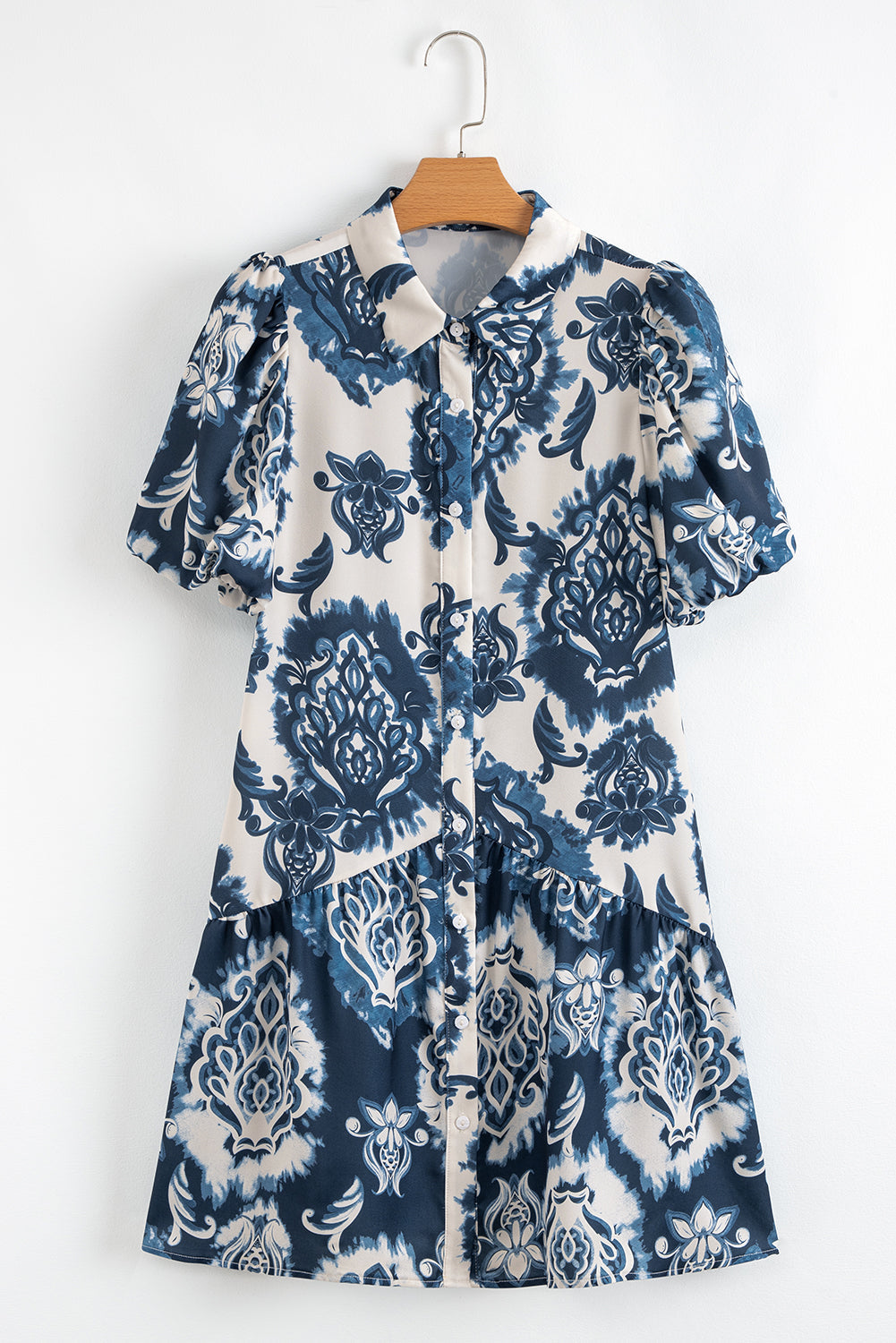 Boho Floral Print Buttoned Collared Loose Fit Mini Dress