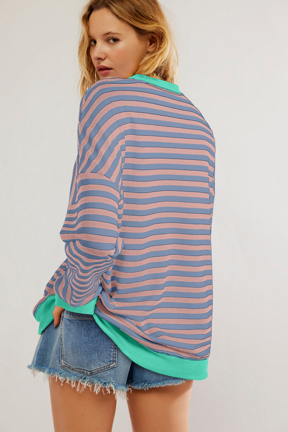 Rib-Knit Striped Contrast Trim Crossed Stitch Drop-Shoulder Sweatshirt