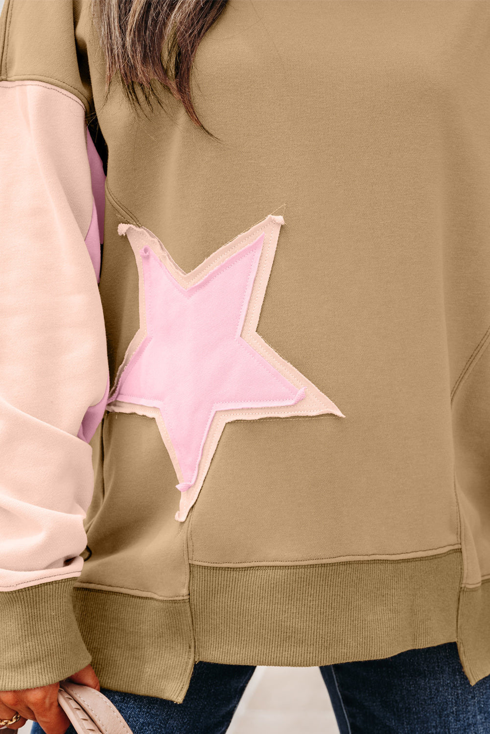 Patchwork Contrast Star Exposed Seam Uneven Hem Drop-Shoulder Sweatshirt