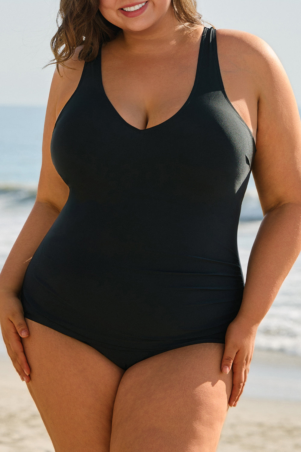 Black U Neck Padded Plus Size One Piece Swimsuit