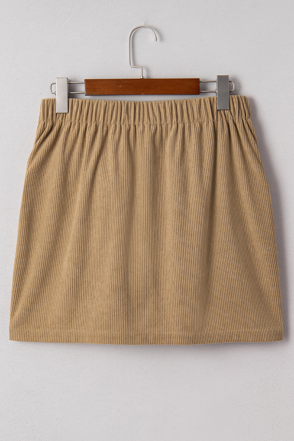 Button-Front Camel Corduroy Faux Pockets Mini Skirt
