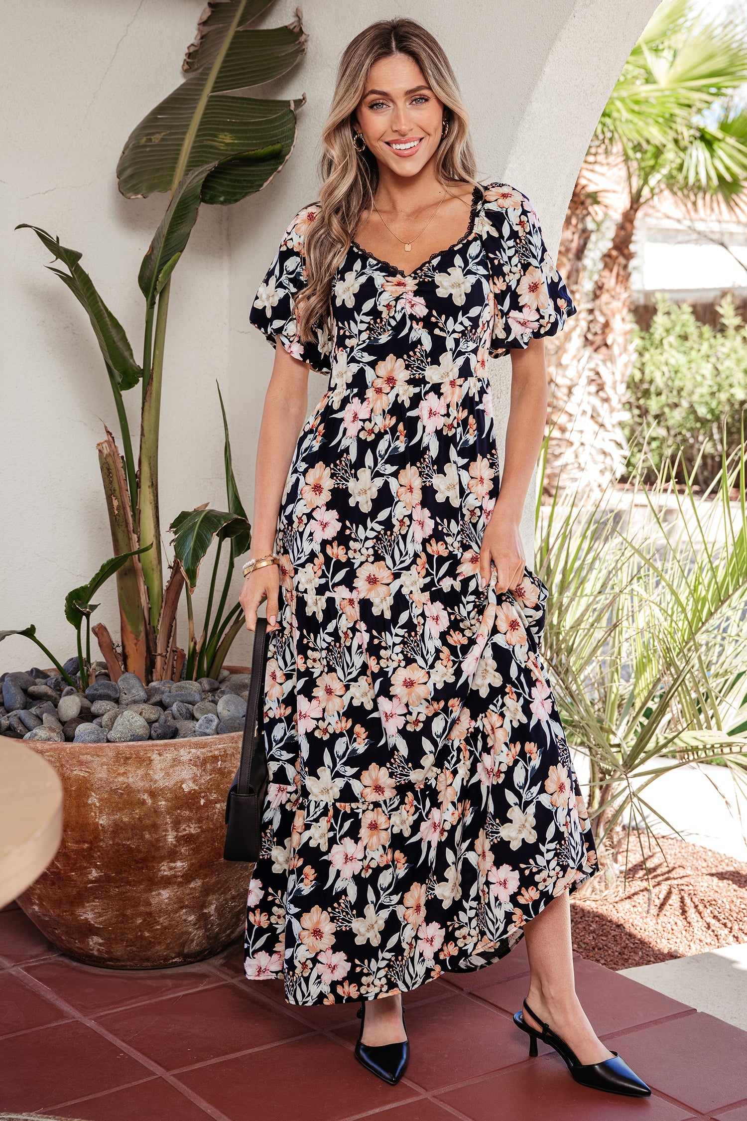 Short-Sleeved High-Waisted Smocked Detail Floral Maxi Dress