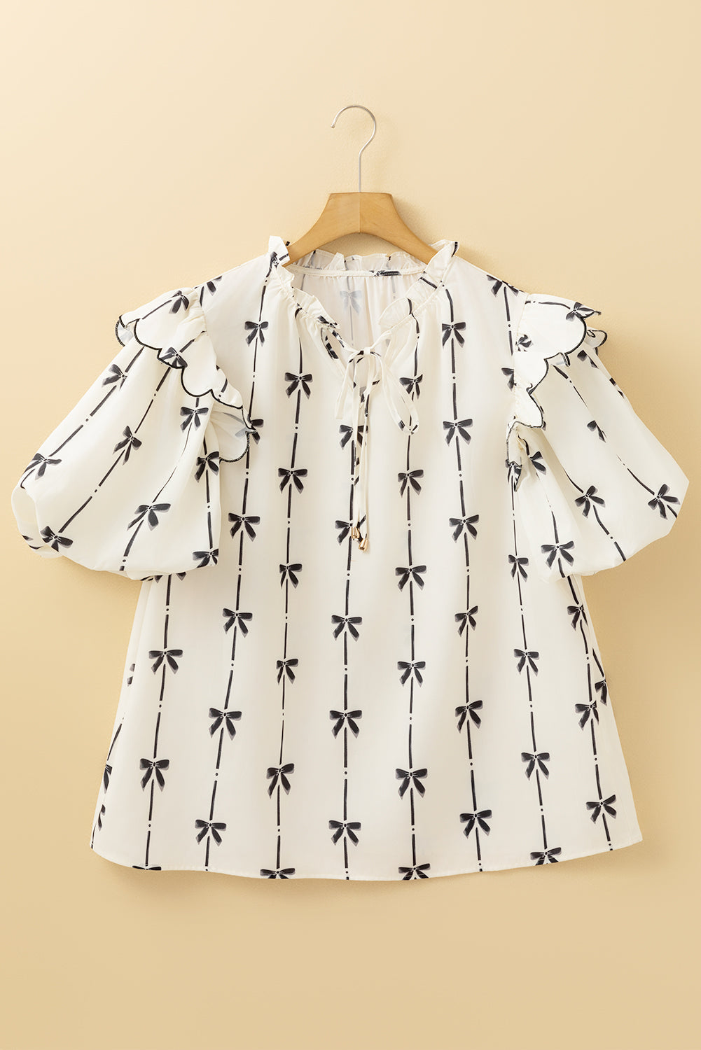 Bow Printed Ruffled Lace-up Notched Neck Plus Size Blouse