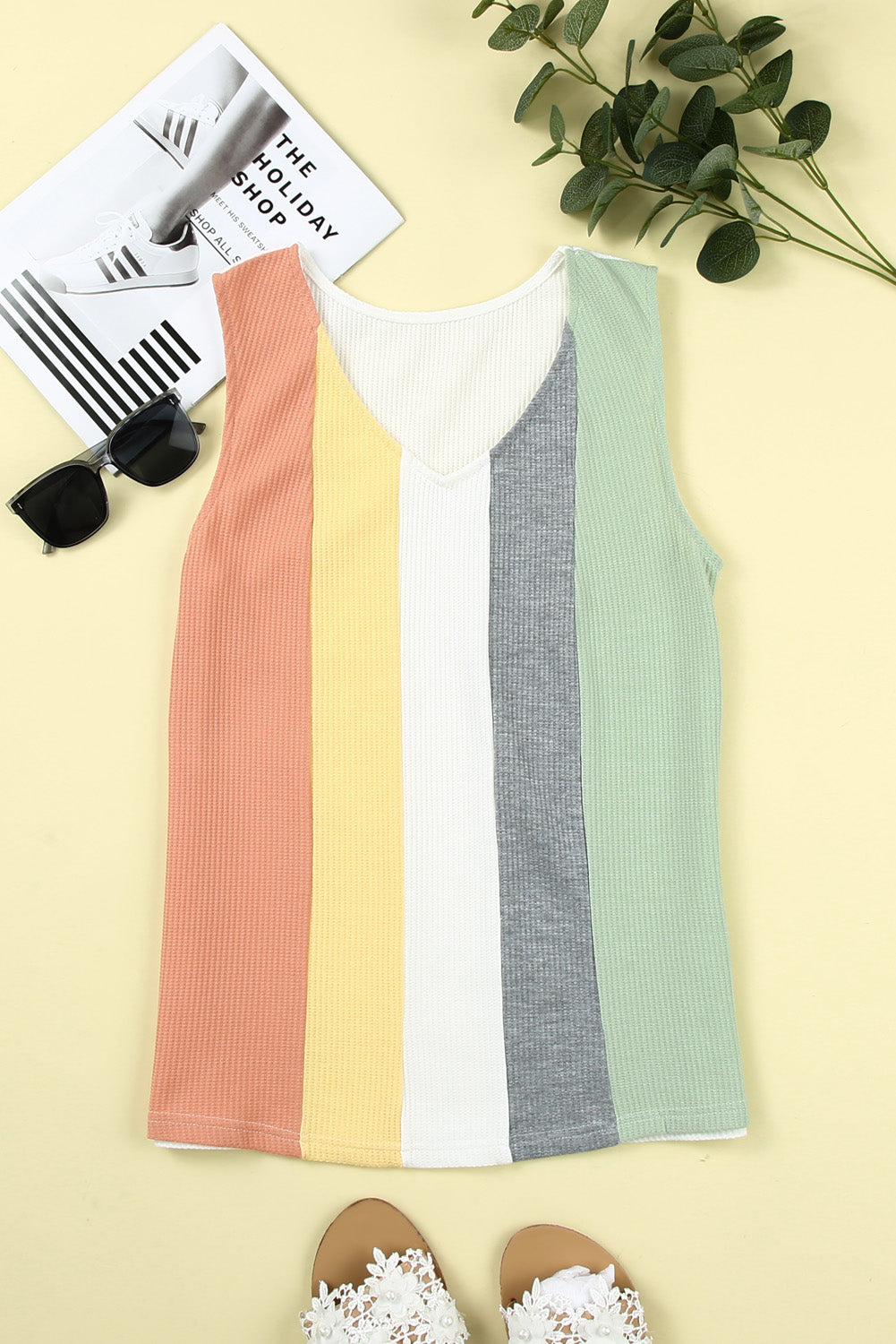 Women's Tank Top Featuring Waffle Knitted V Neck