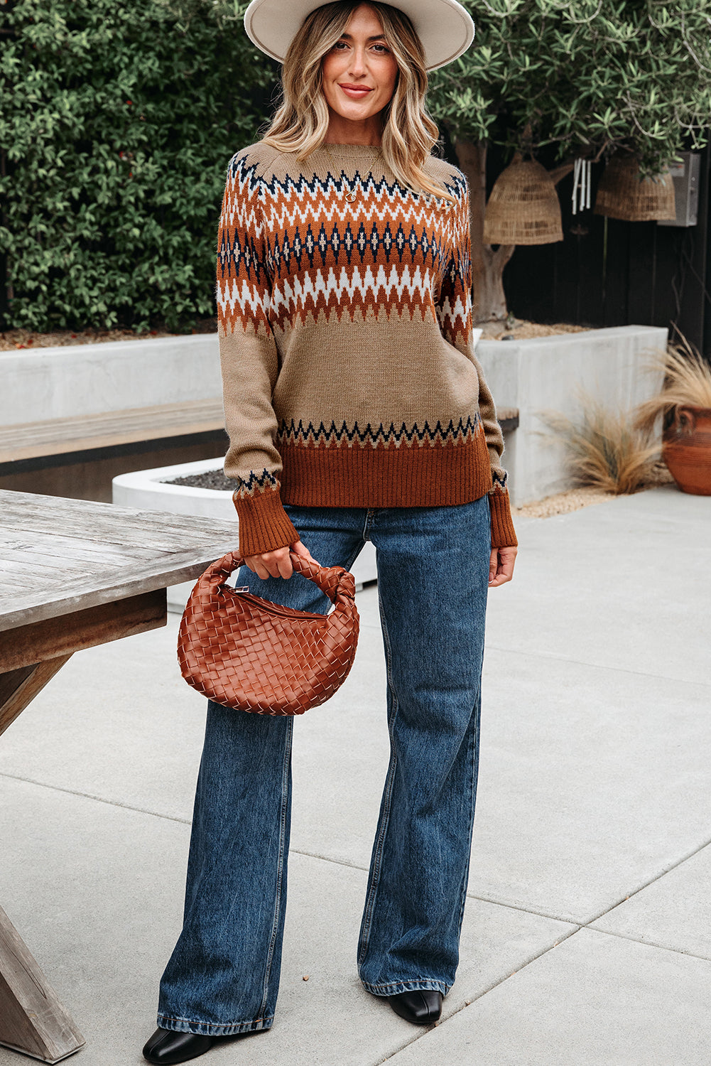 Colorblock Aztec Print Crew-Neck Knit Top
