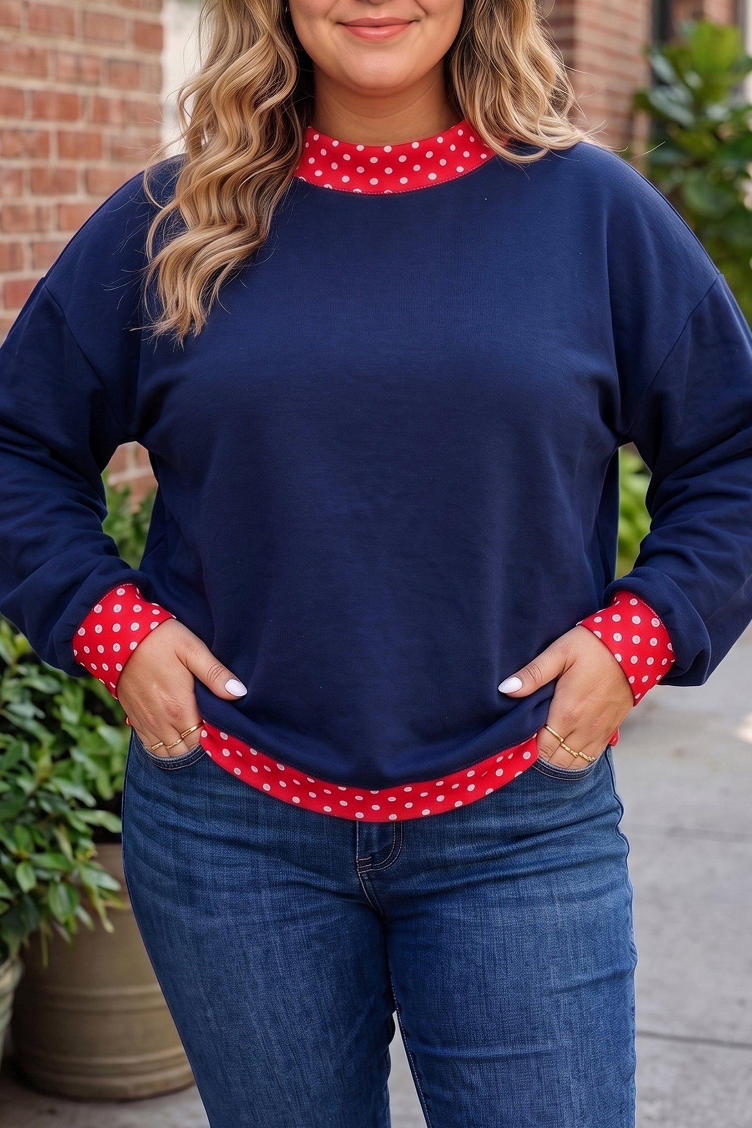 Polka-Dot Dirty blue Patchwork Plus Size Sweatshirt