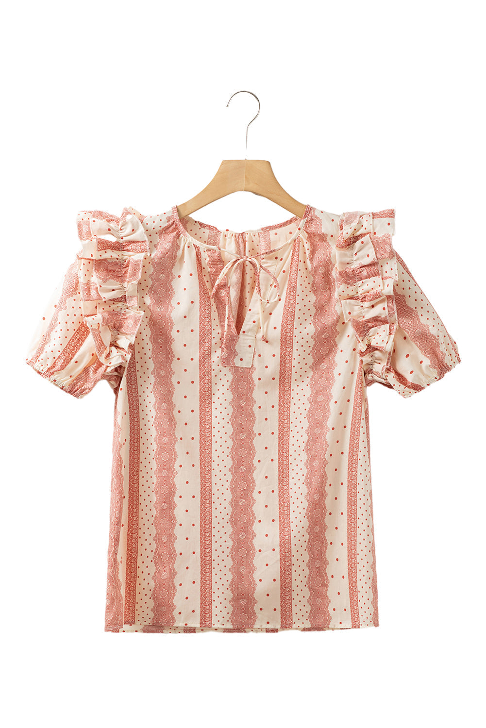 Women's Frill-Trimmed Short Balloon Sleeve Mixed Print Blouse