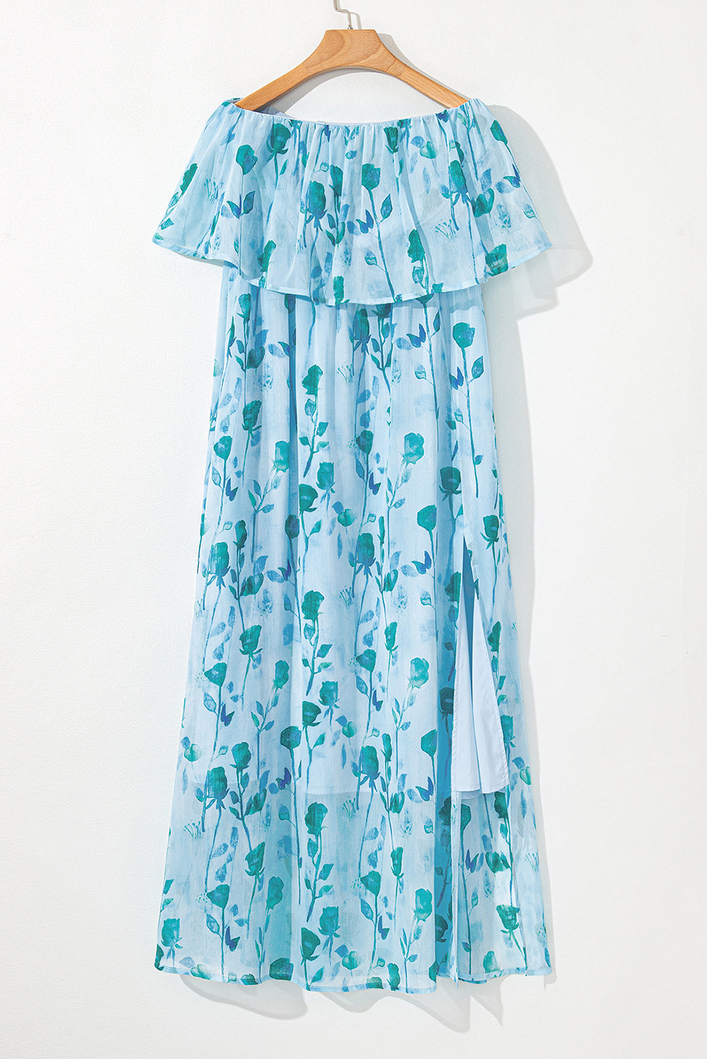 Floral Print Ruffled Side Slit Tube Top Maxi Dress