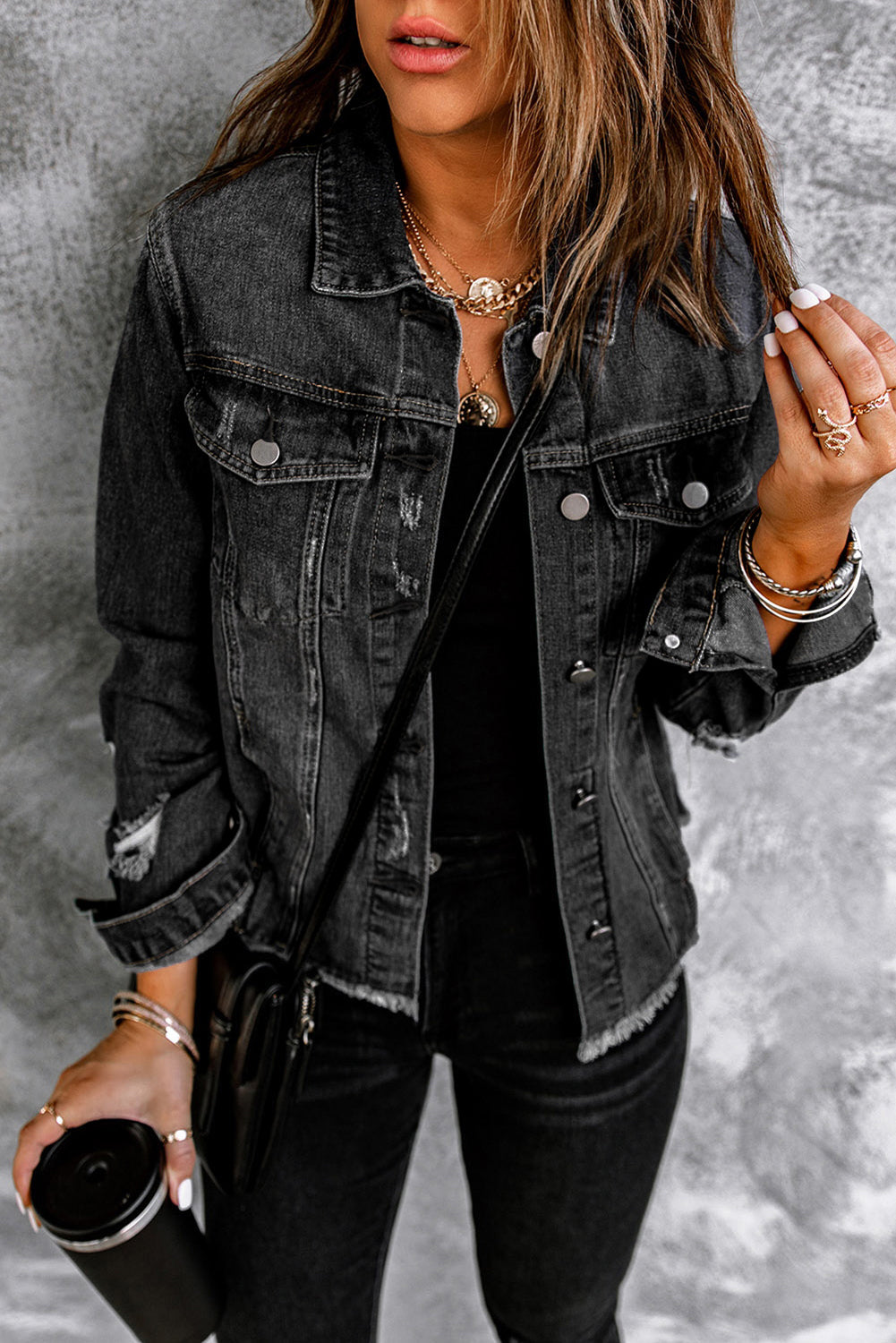 Lapel Hem Distressed Raw Buttons Denim Jacket