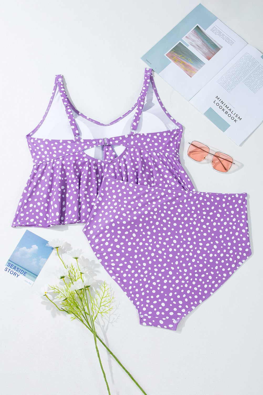 Purple Plus Size Polka Dot Print Ruffled Tankini Set