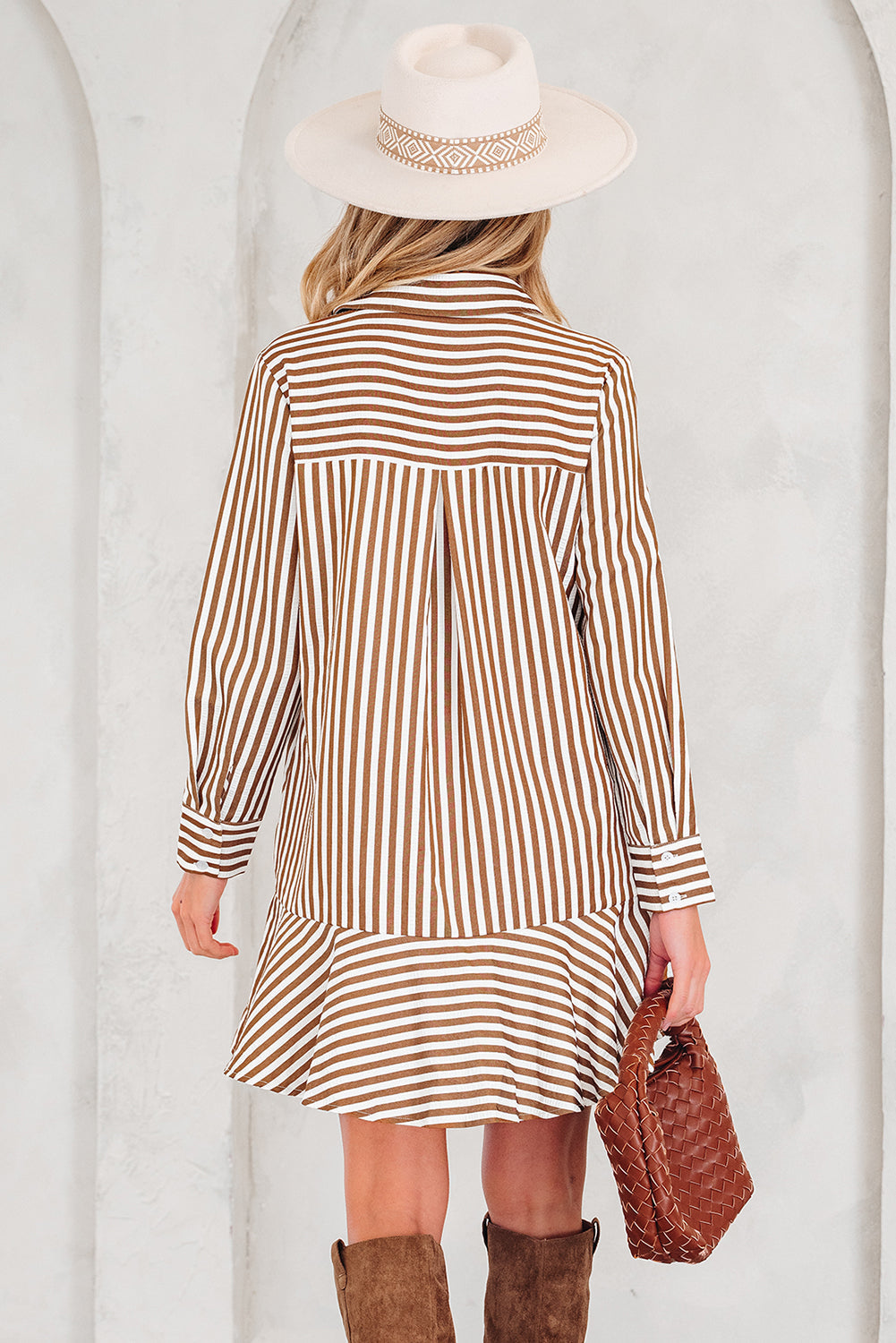 Ruffled Long-Sleeved Hem Collared Shirt Mini Dress