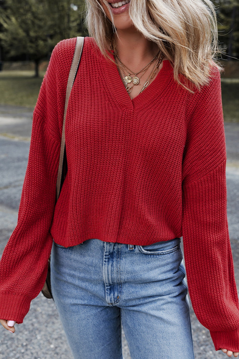Solid Textured Knit V-Neck Drop-Shoulder Knit Top in Red