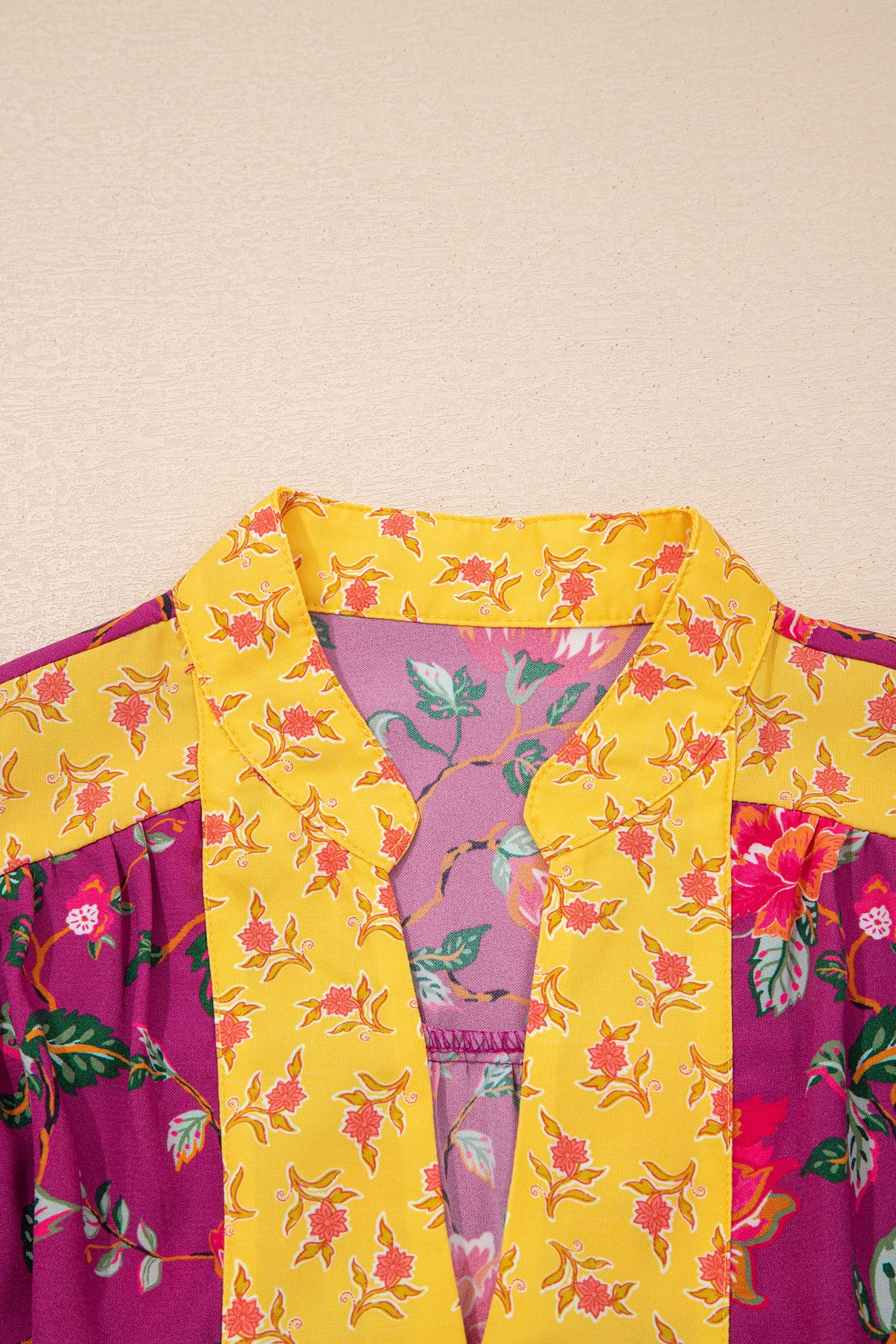 Contrast V-Neck Placket Split Floral Blouse