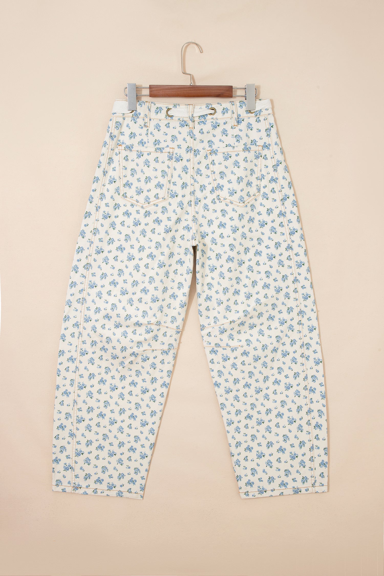 Grommet Knot Waist Floral Barrel Leg Jeans in Beige