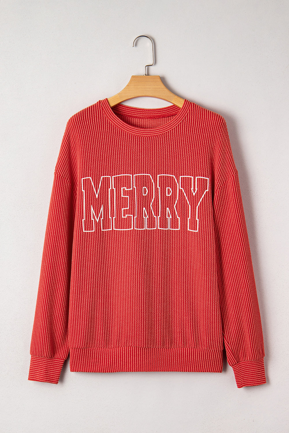 Outlined Twisted Rib Merry Letter Graphic Loose Long-Sleeved Top