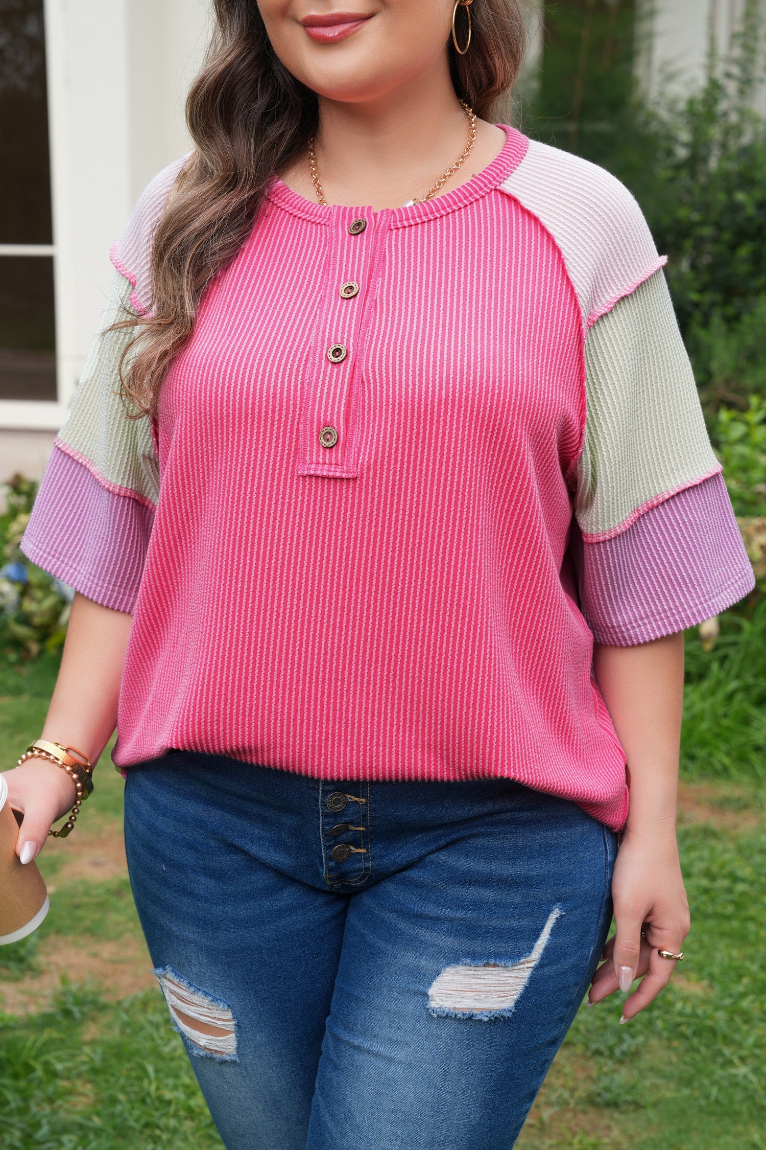 Bright Size Pink Plus Twisted Rib Colorblock Short-Sleeved Henley Top
