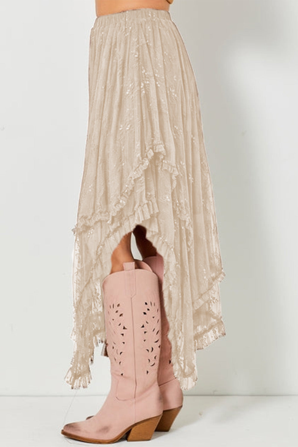 Lace High-Waisted Cascading Tiered Maxi Skirt in Apricot