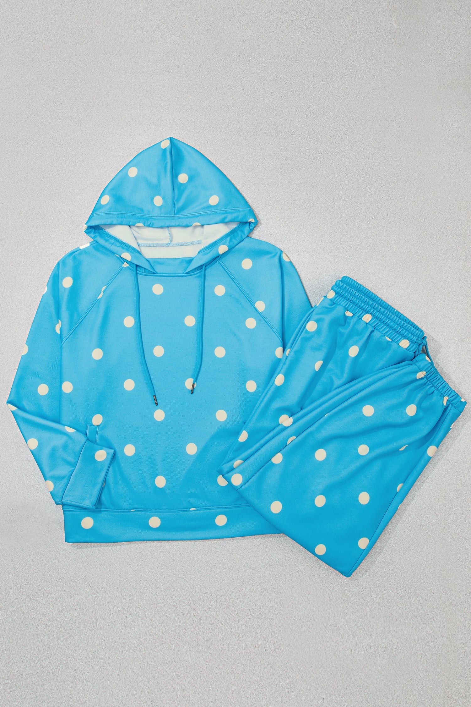 Drawcord Polka-Dot Hooded Long-Sleeved Plus Size Set in Blue