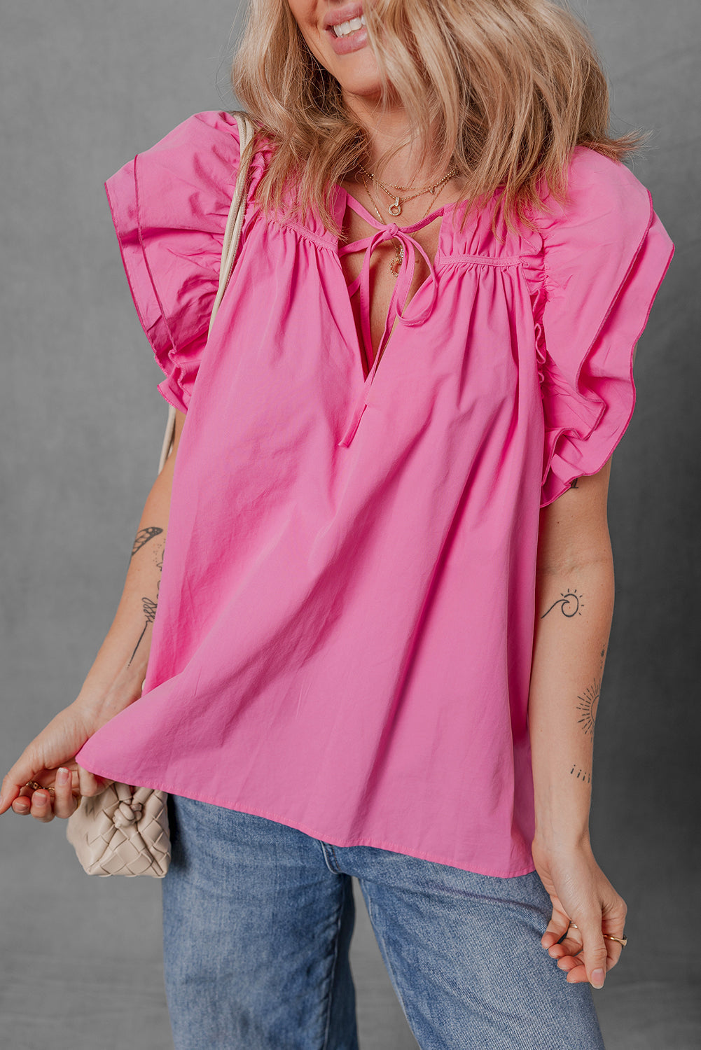 Pink Shirred Yoke Lace up V Neck Ruffled Sleeve Blouse