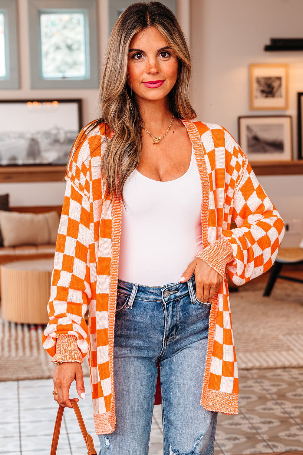 Open-Front Drop-Shoulder Checkered Drop-Shoulder Cardigan in Orange
