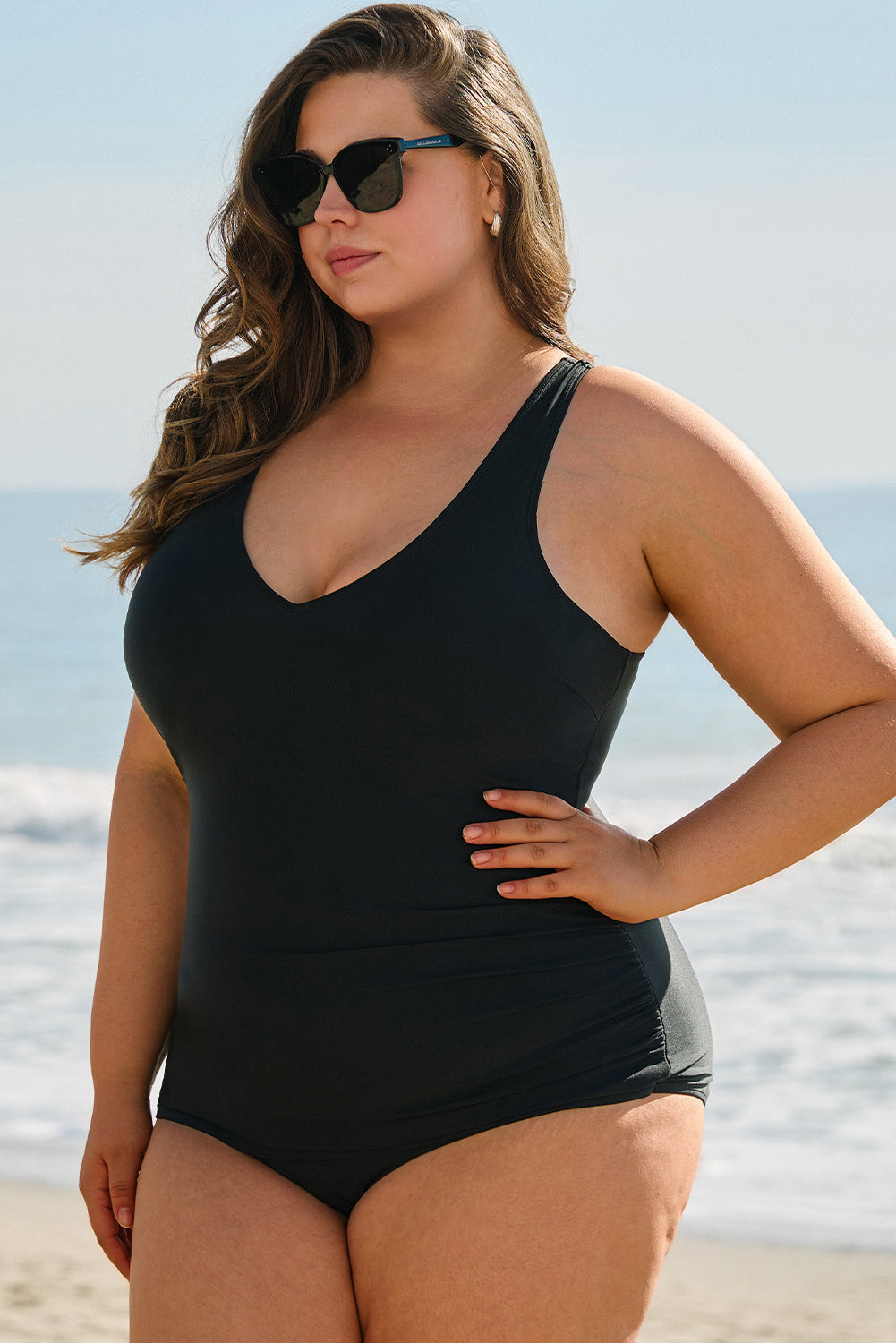 Black U Neck Padded Plus Size One Piece Swimsuit