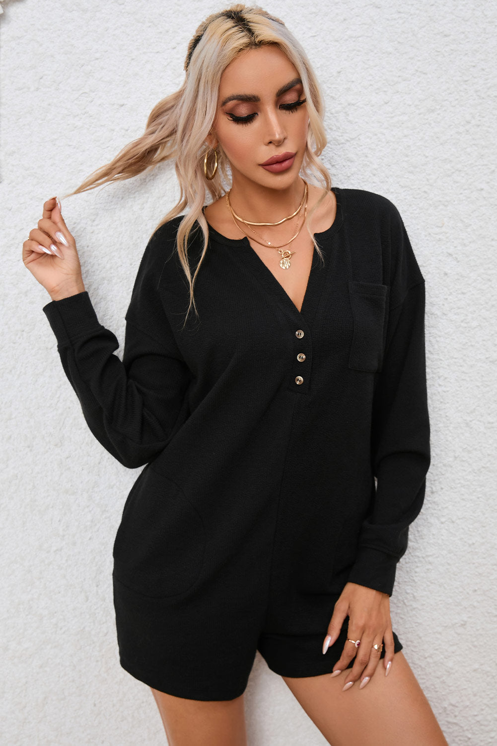 Women's Black Brushed Rib-Knitted Button Split Romper