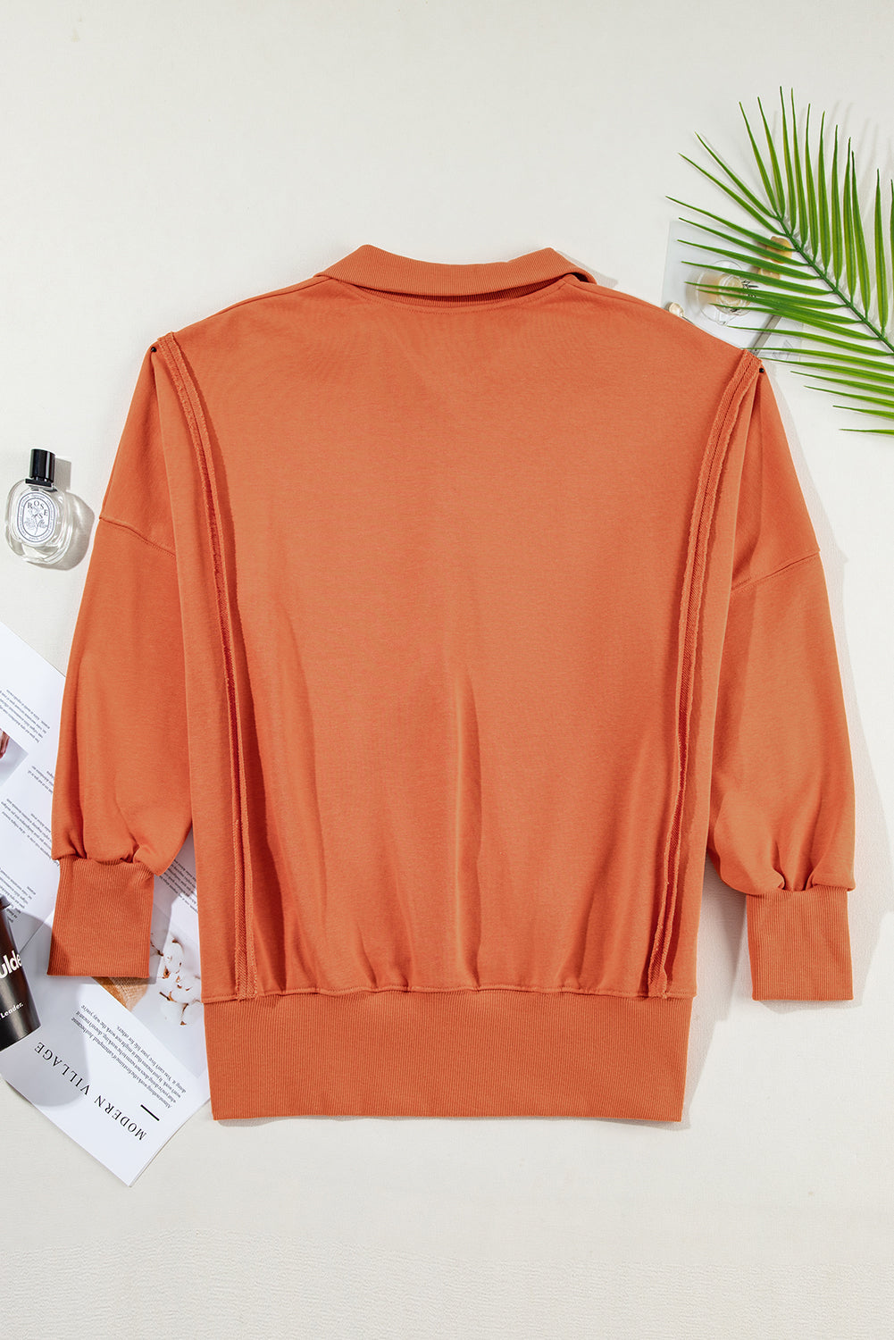 Button-Front Detail Collared Raw High Low Baggy Sweatshirt with Slits