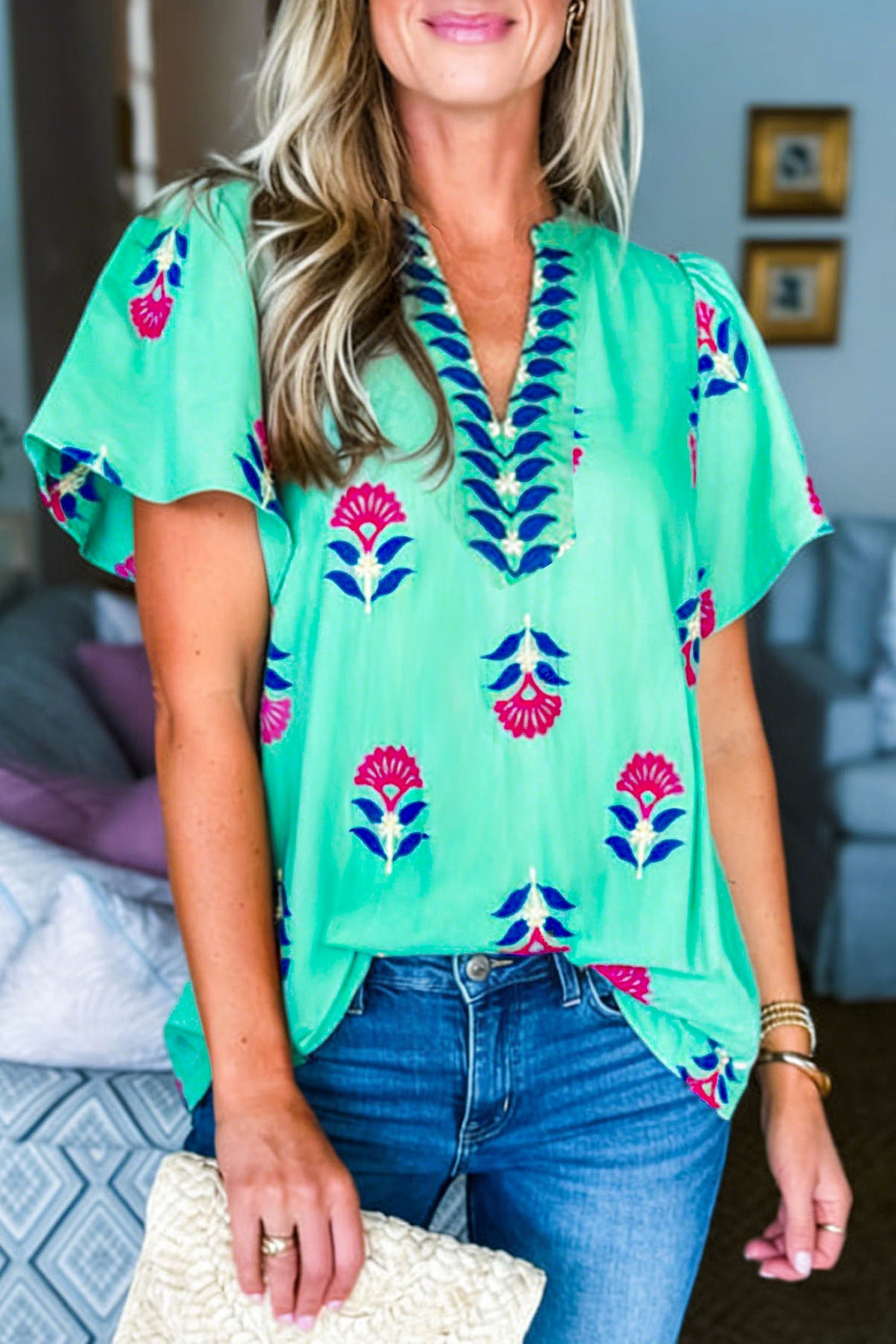 V-Neck Flutter Floral Flutter Sleeve Blouse in Green