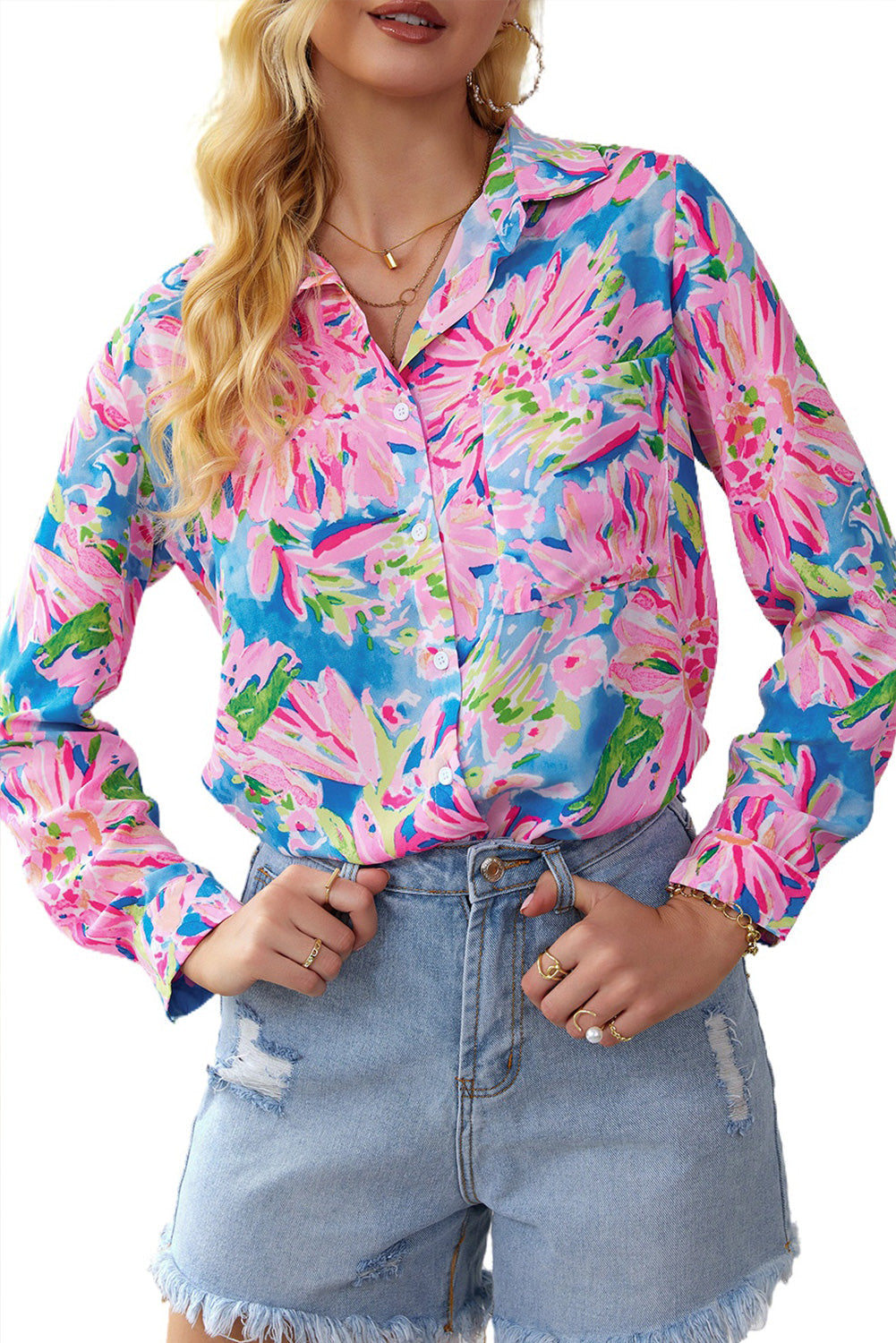 Shirt for Women Sheath Floral-Print Print Button-Front