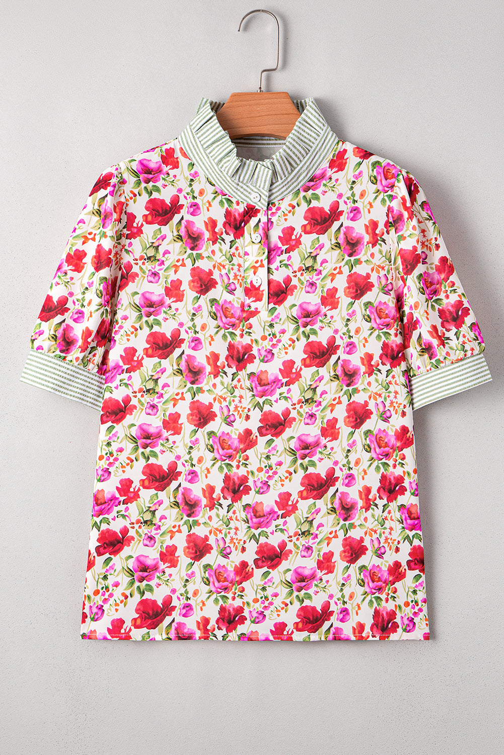 Floral-Print Collared Striped Patchwork Short-Sleeved Blouse