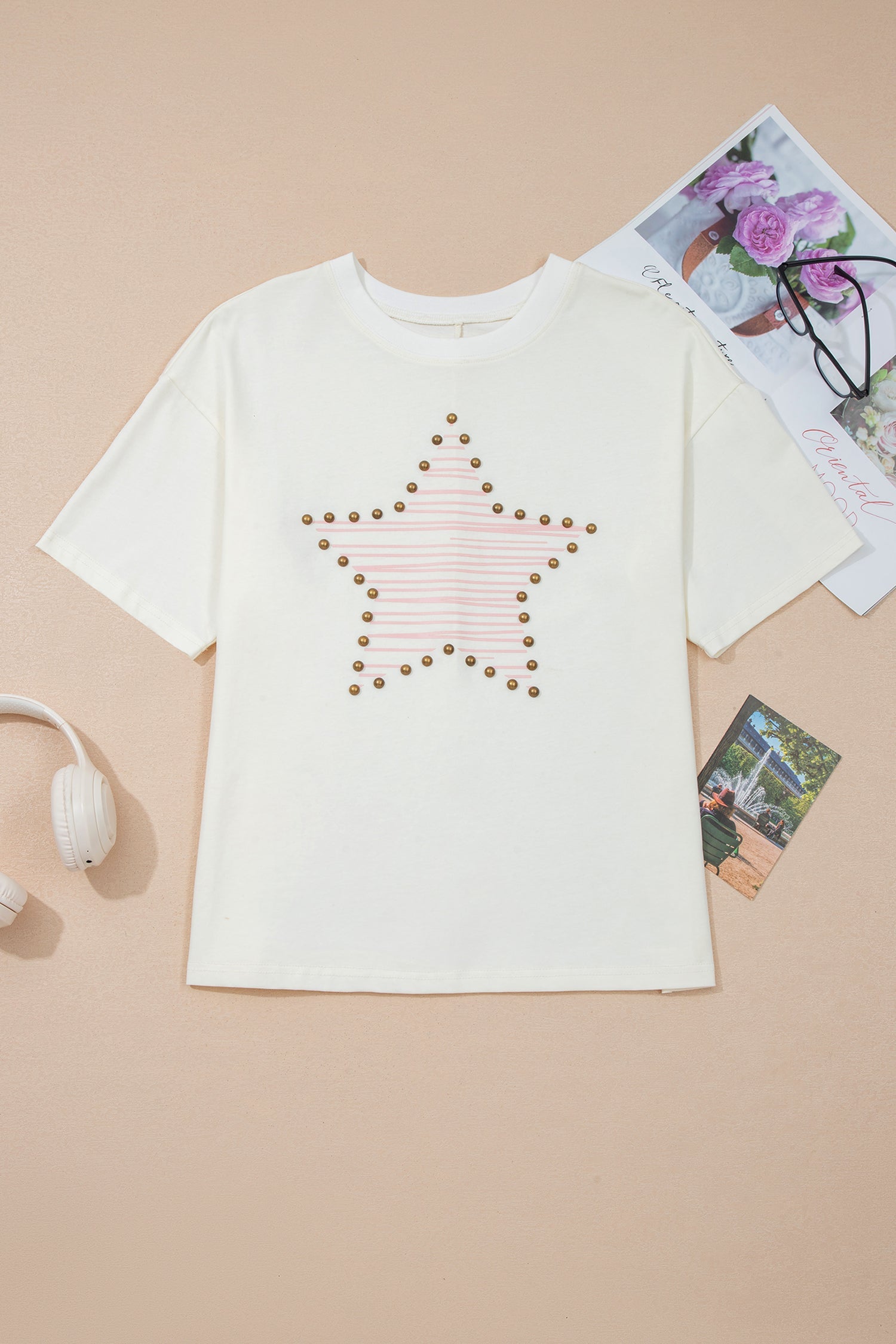 Cute Print Beige Star Stud Detail Cotton Jersey Top