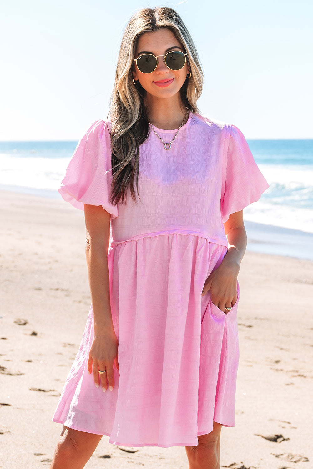 Pink Textured Bubble Sleeve High Waist Mini Dress