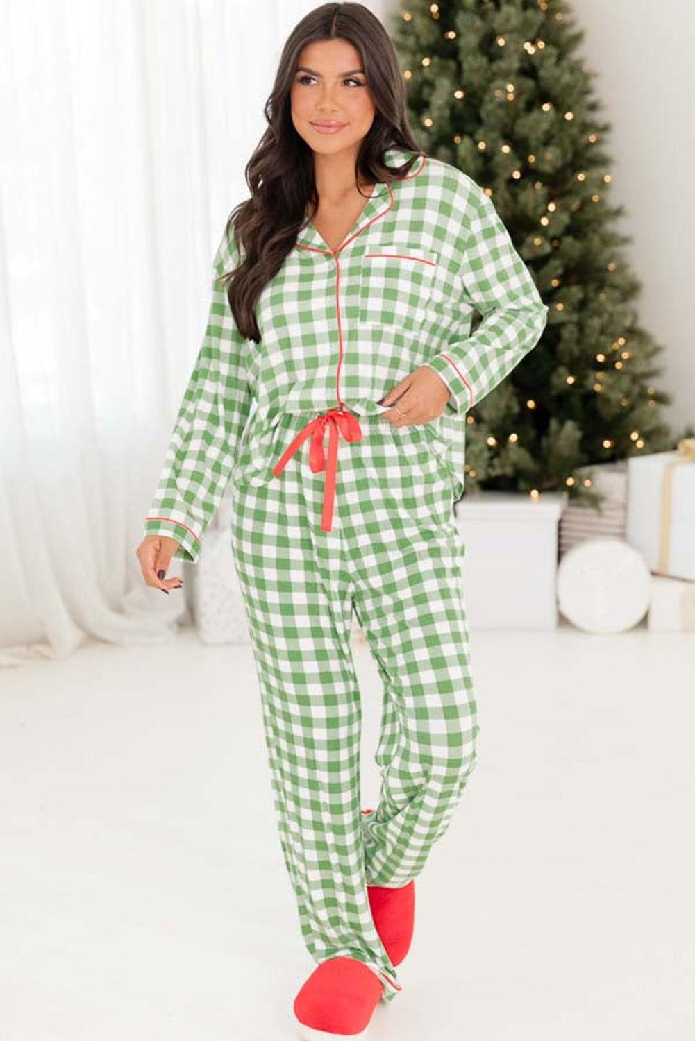 Plaid Print Christmas Print Shirt and Pants Pajama Set