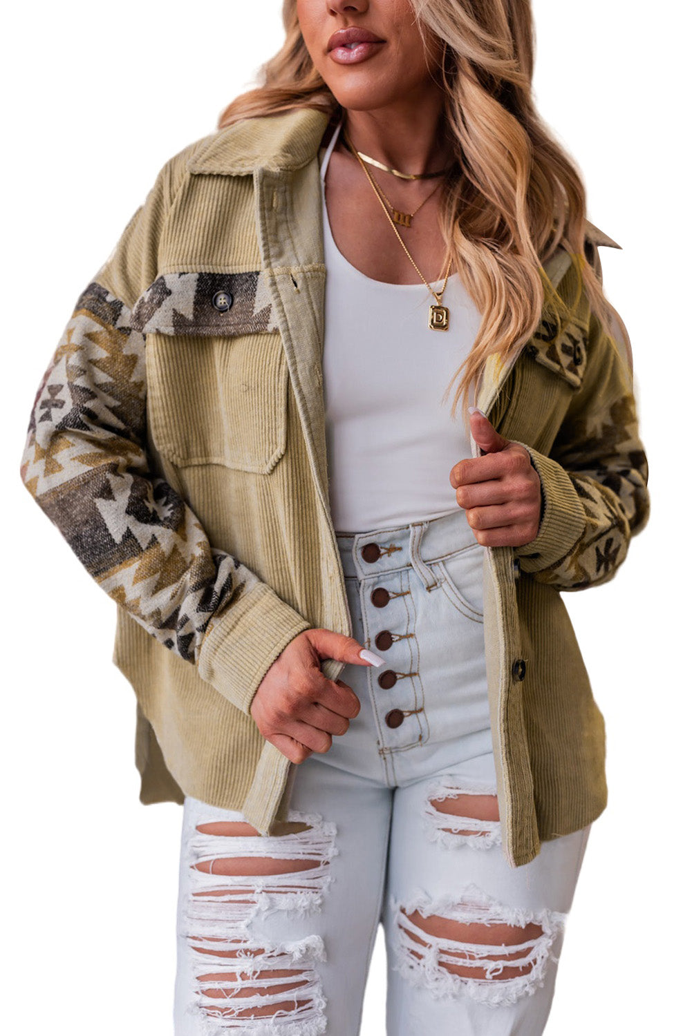 Women's Aztec-Pattern Patchwork Frayed Edge Khaki Cord Jacket