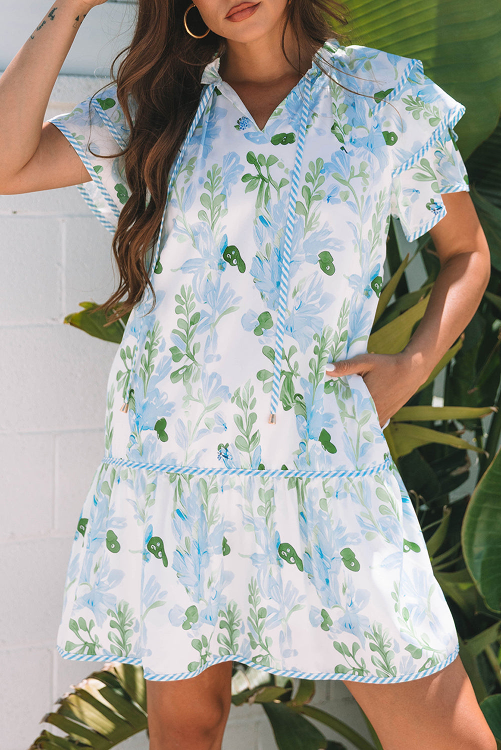 Blue Cute Sky Floral Layered Short-Sleeved Mini Dress