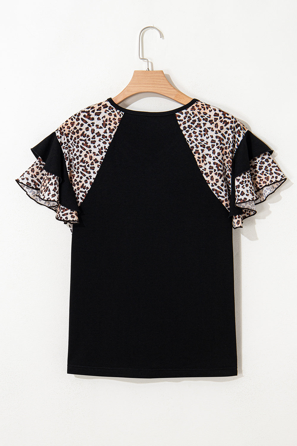 Leopard Print Patchwork Ruffled Sleeve V Neck T Shirt