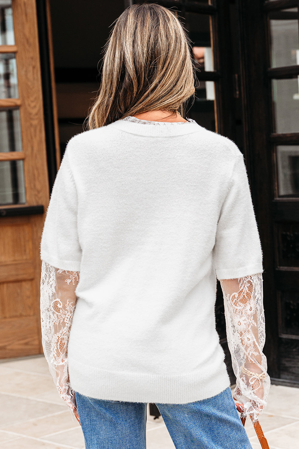 Lace Faux Sleeve Patchwork Two-piece Fuzzy Knit Top in White