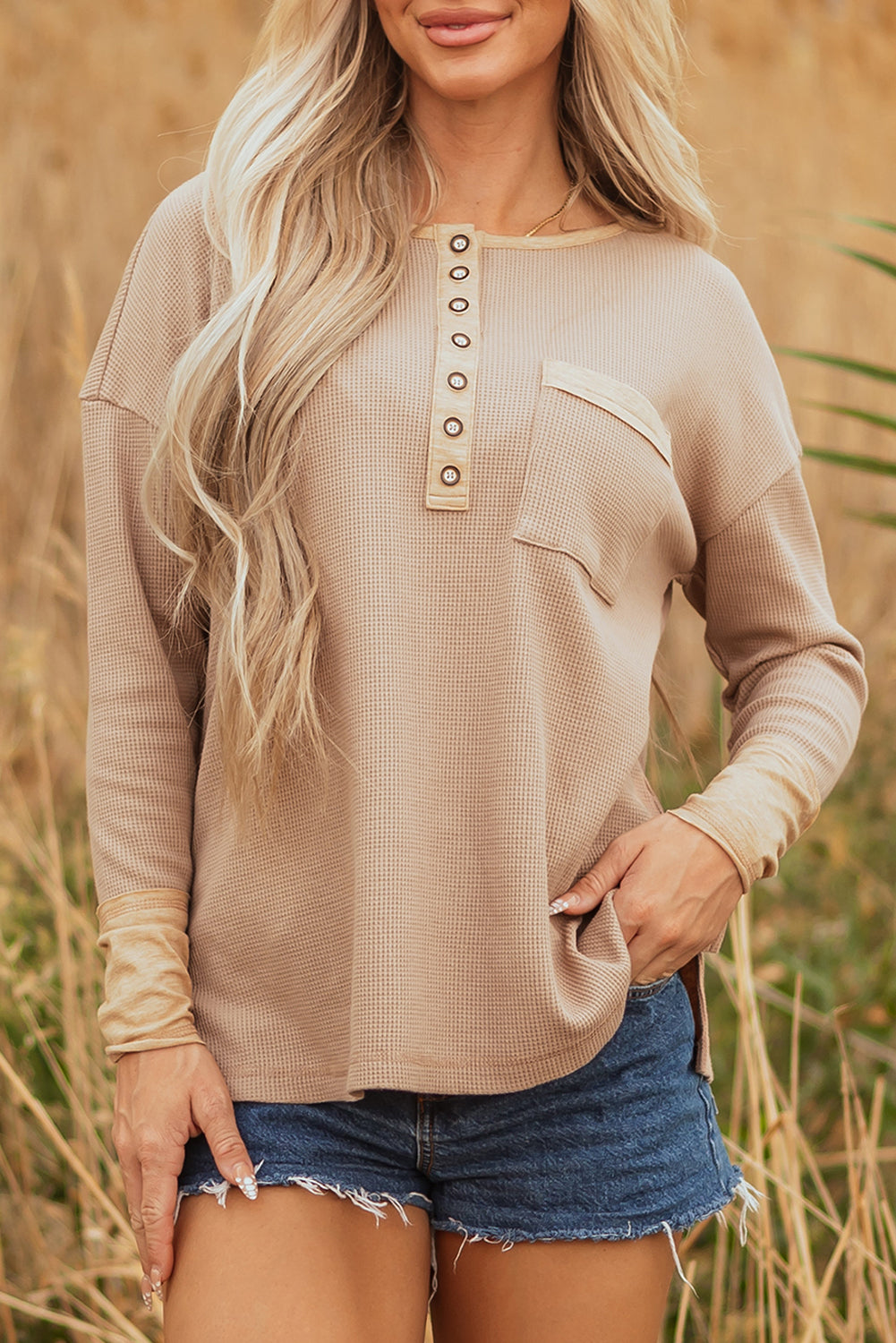 Waffle Textured Colorblock Textured Tunic Henley Cotton Top in Khaki