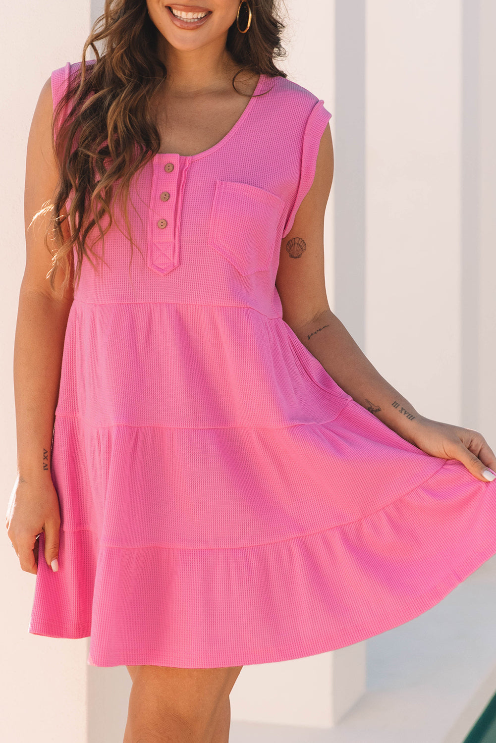 Cute Pink Waffle Textured A-line Tiered Sleeveless Dress