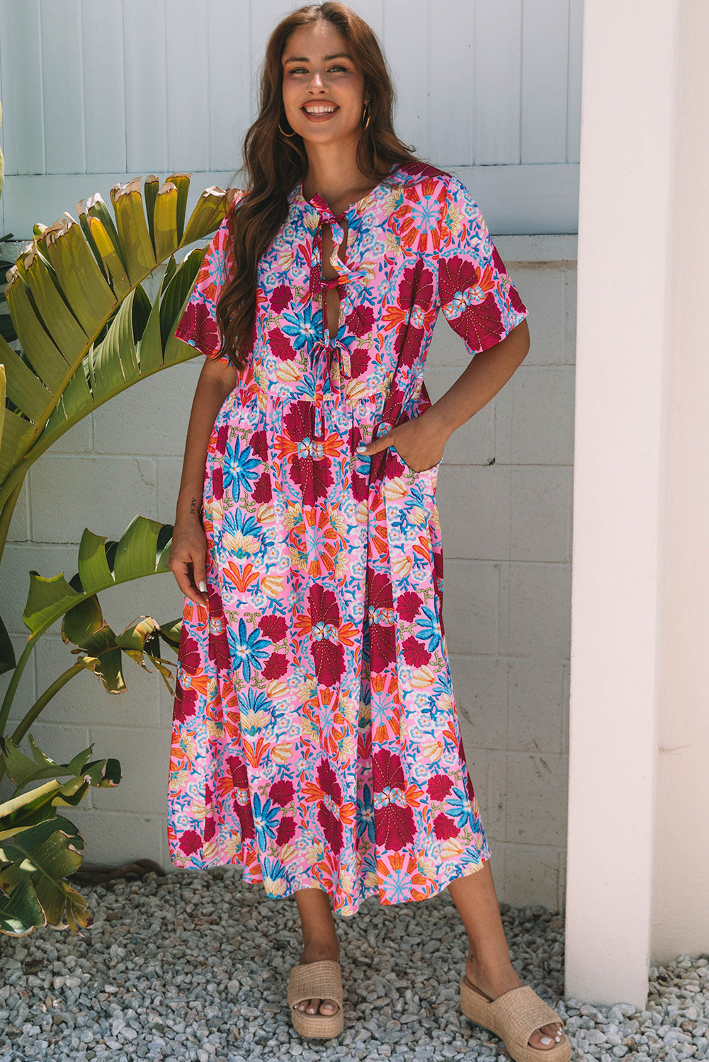 Floral Tied Front High-Waisted Short-Sleeved Loose Long Dress