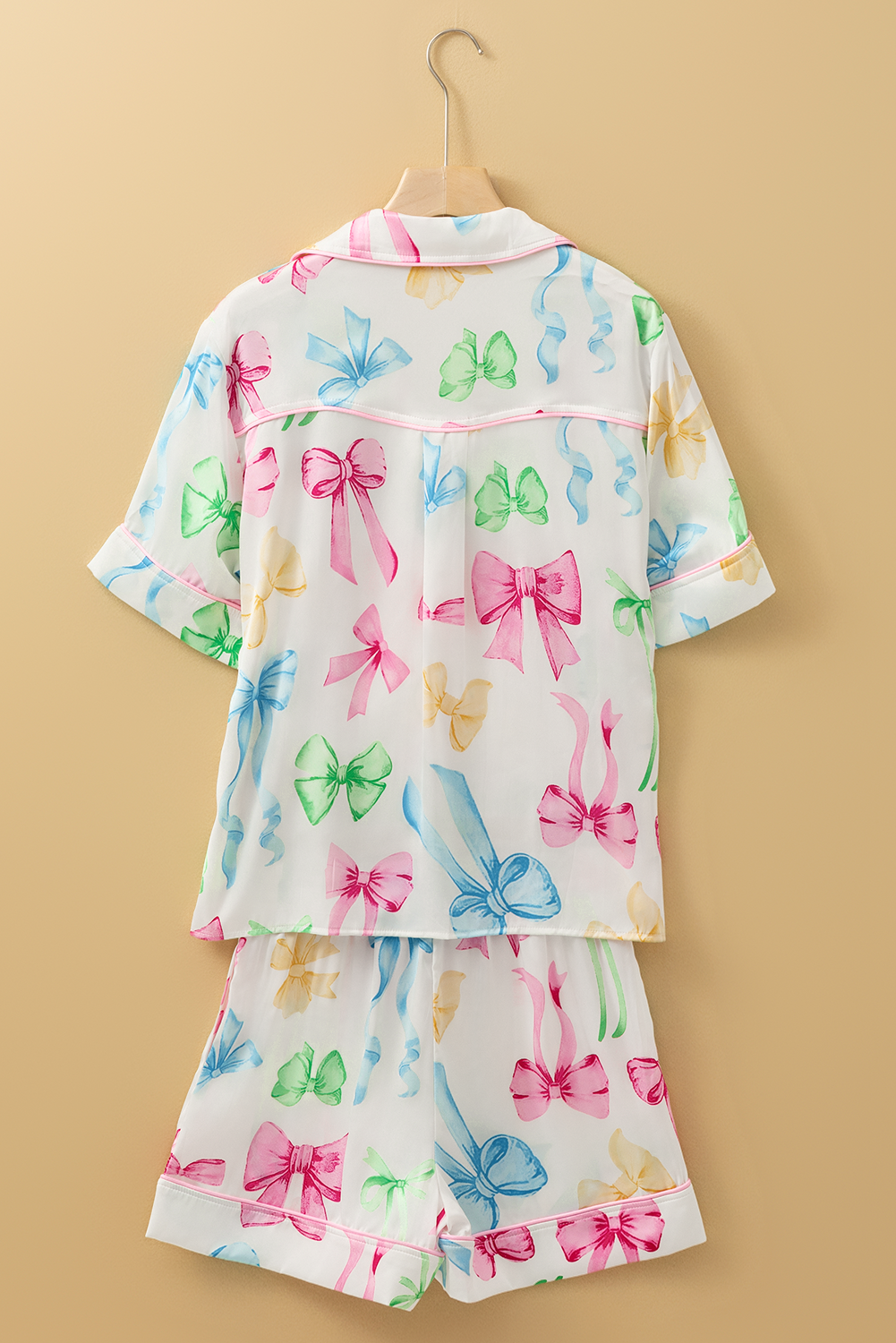 Print Button-Front Bowknot Button-Front Shirt High-Waisted Shorts Pajama Set