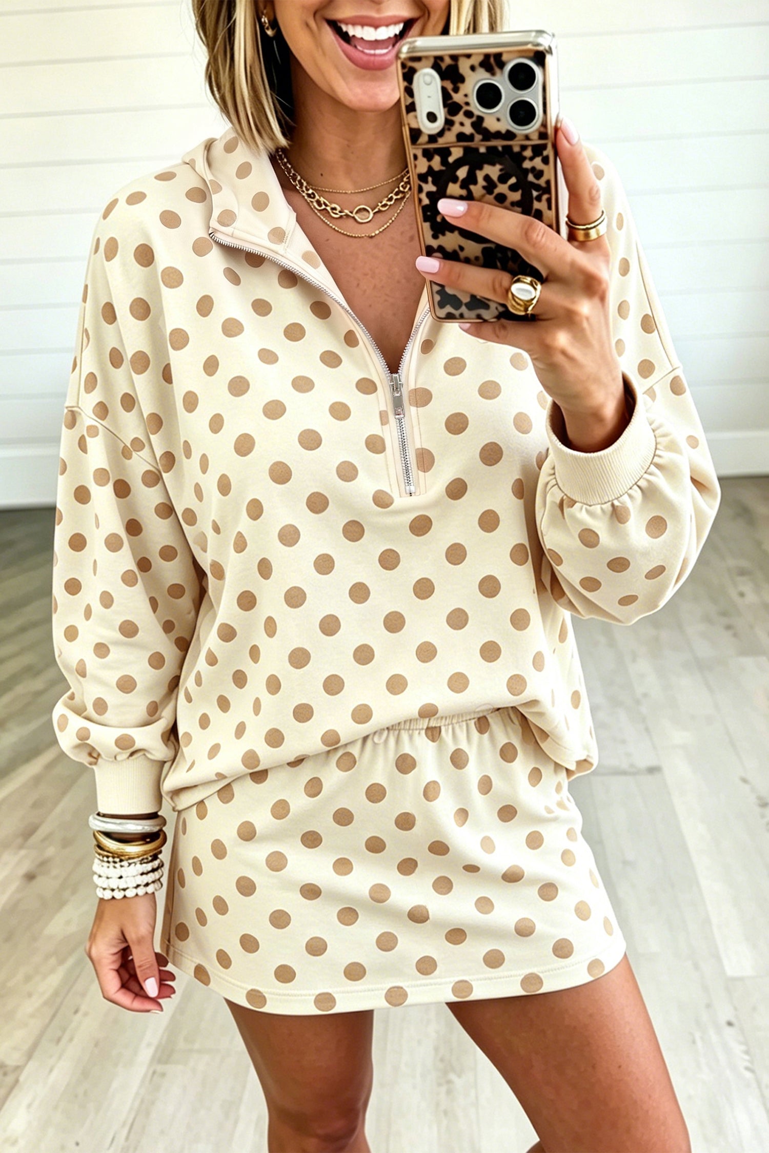 Polka-Dot Hooded Long-Sleeved Top Everyday Mini Skort Set in Khaki