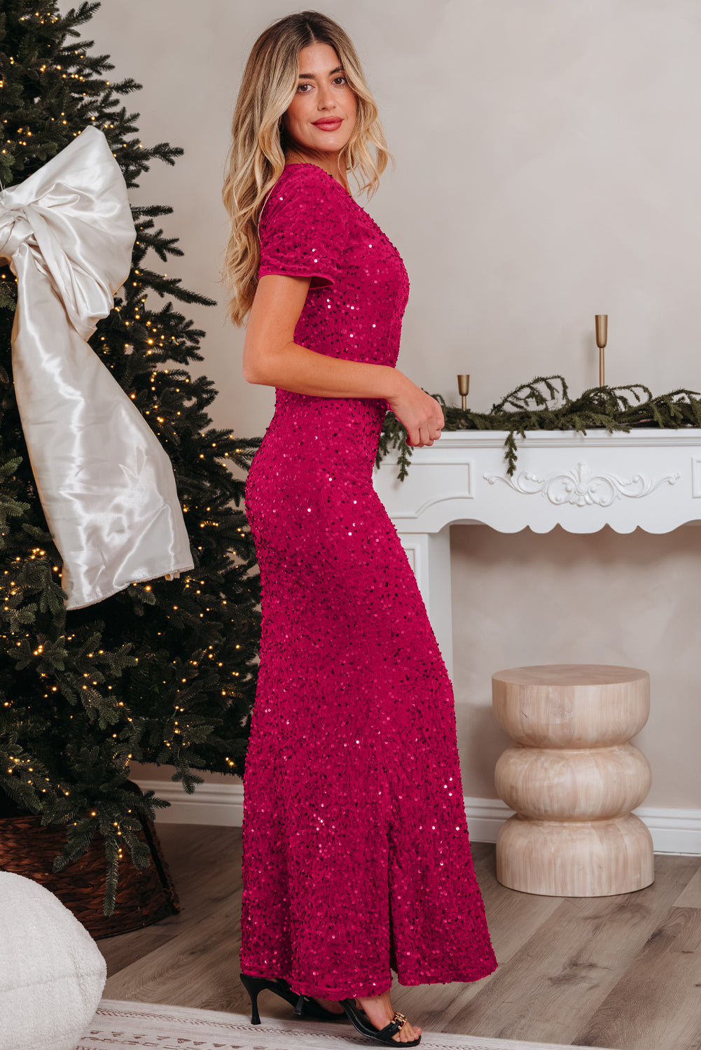 One Shoulder Thigh High Split Bodycon Sequin Gown