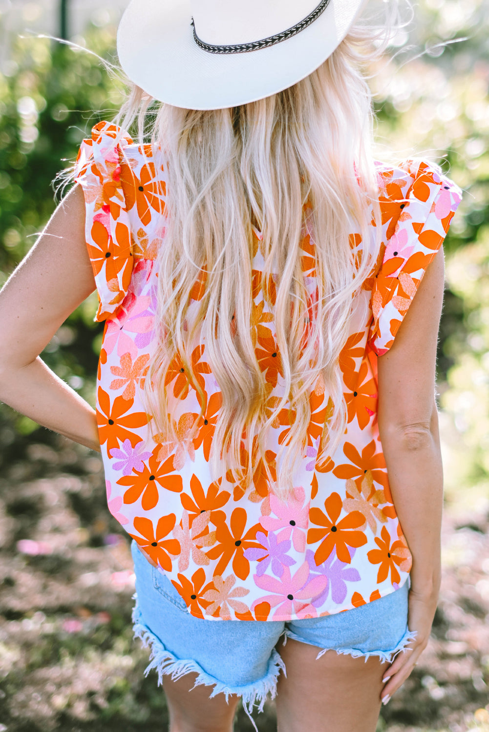 Women's Ruffle-Trimmed Sleeve Shirred Floral-Print Top