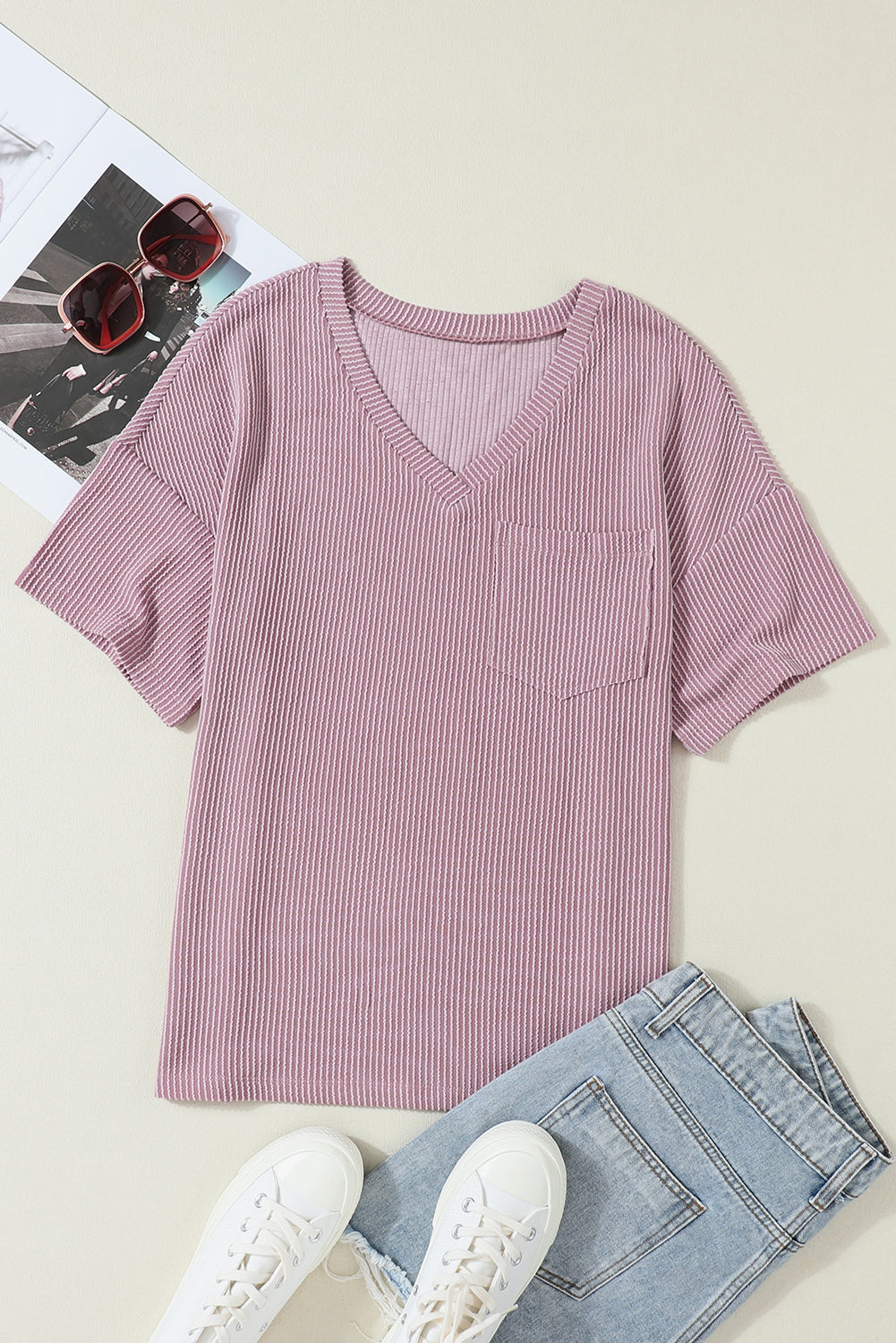 V-Neck Chest Corded Chest Pocket Loose T-shirt
