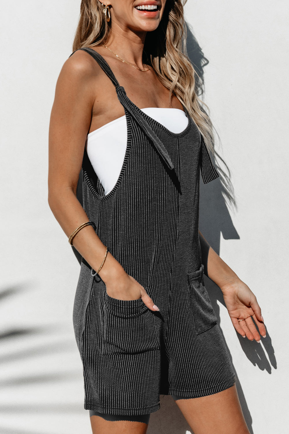 Women's Romper with Striped Knotted Straps Pocket-Detail