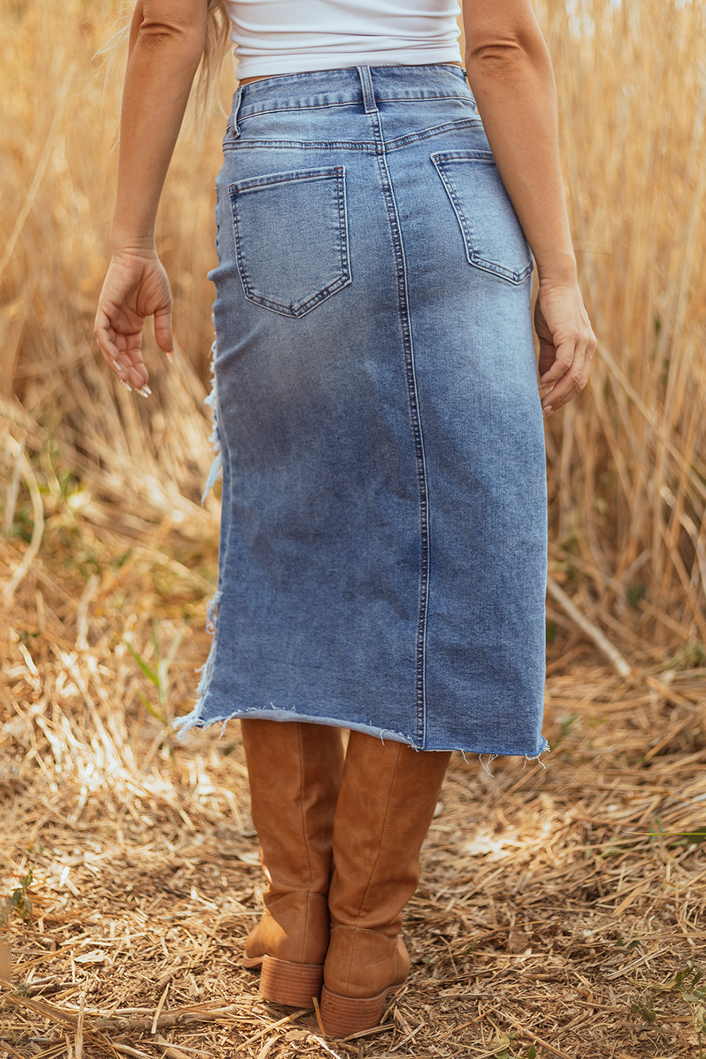 Myosotis Irregular Dearlove Irregular Distressed Bottom Denim Midi Skirt