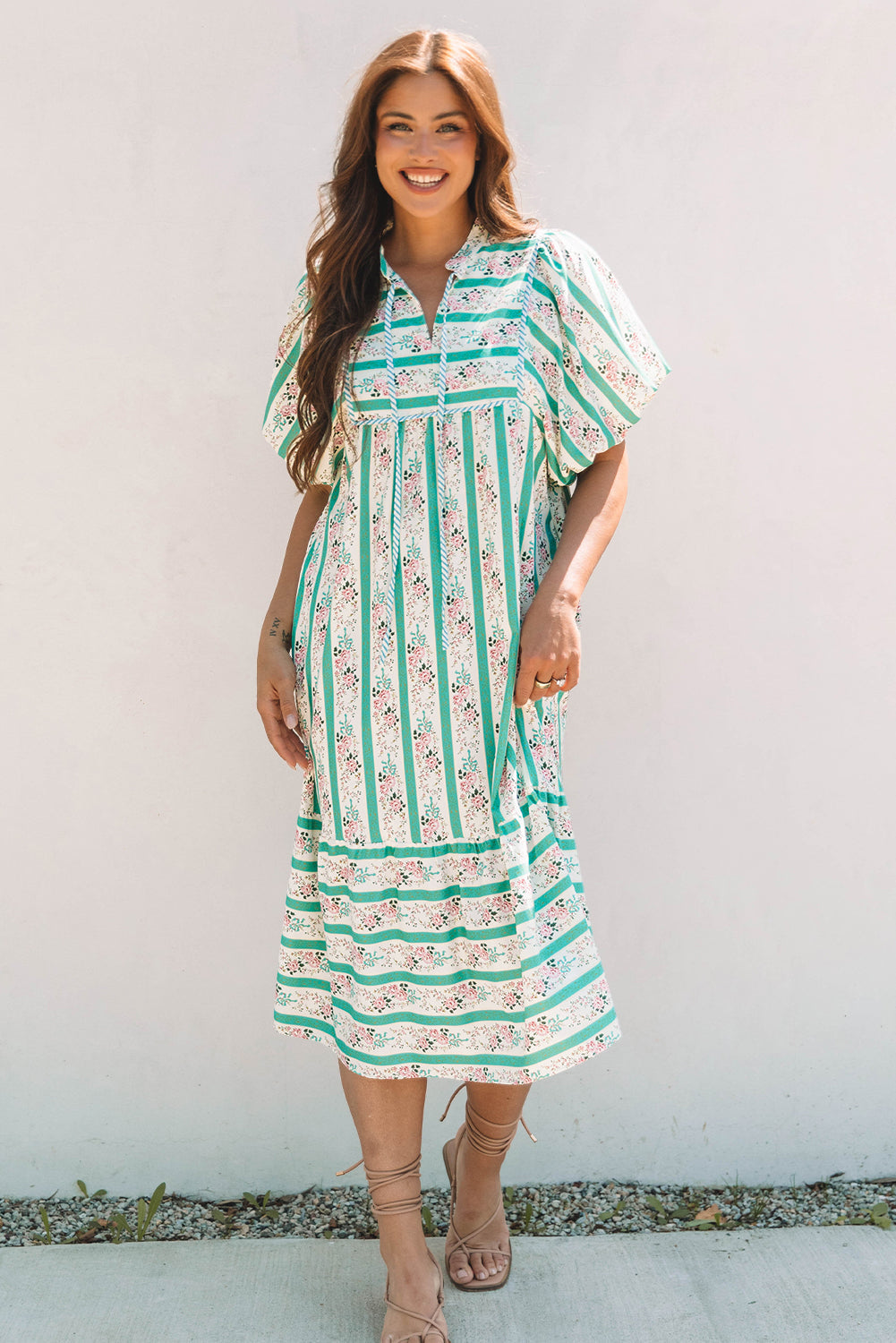 Striped Floral Print Tie Split Neck Puff Sleeve Midi Dress