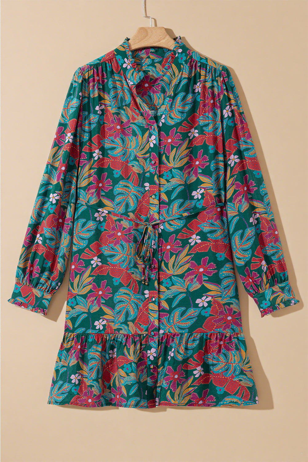 V-Neck Floral Friled Puff Sleeve Ruffled Shirt Dress
